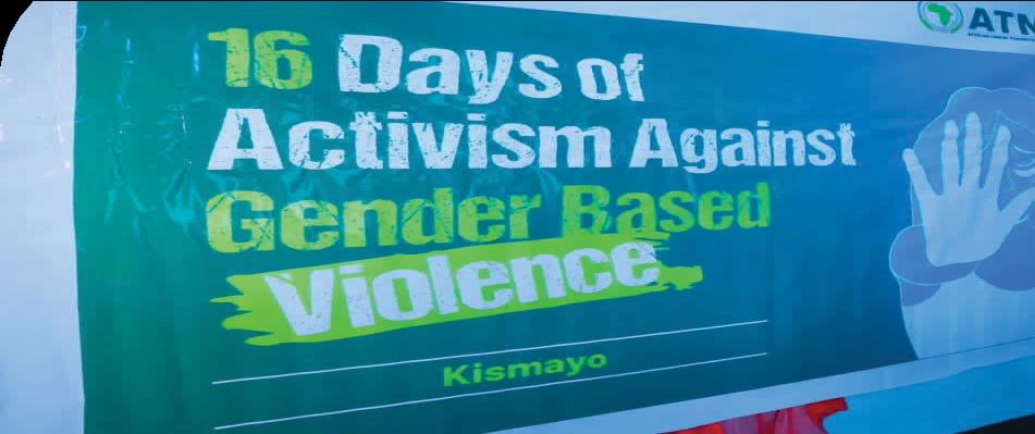 Campaign banner reading 16 Days of Activism Against Gender Based Violence, Kismayo